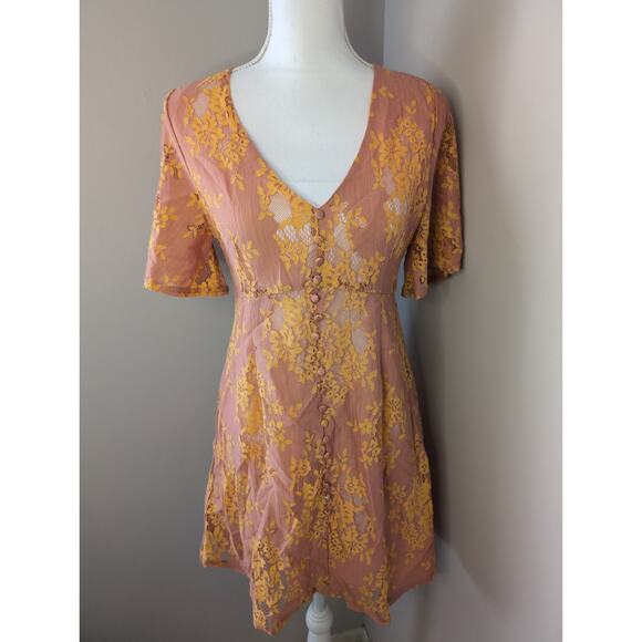 Peach Love Dresses & Skirts - Anthropologie vneck lace feminine Victorian style faux button Peach love dress